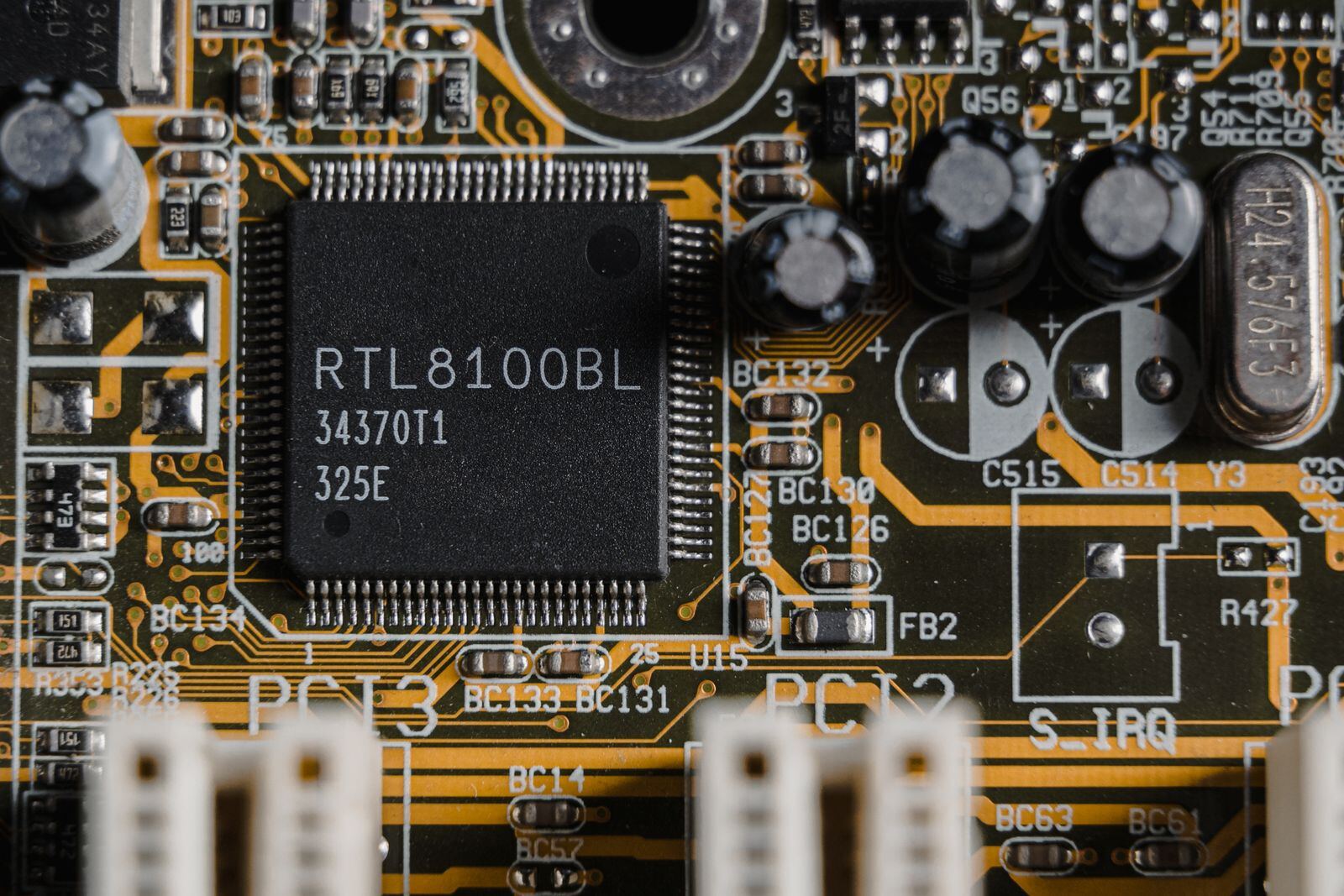 Close-up of computer components on the repair bench